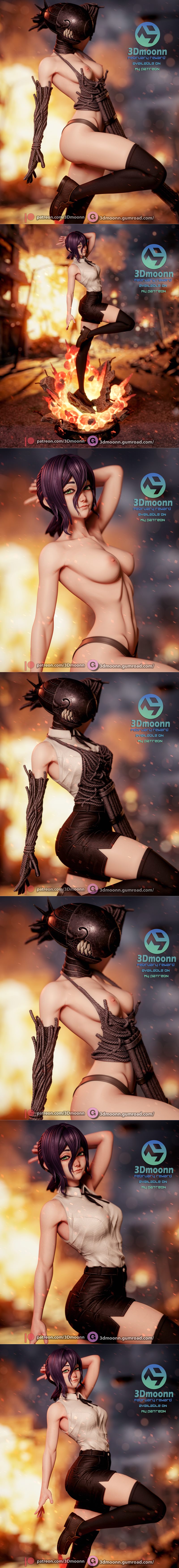 3Dmoonn 3D model of Reze from Chainsaw Man, posed dynamically on a fiery explosion base. She wears a white shirt and...