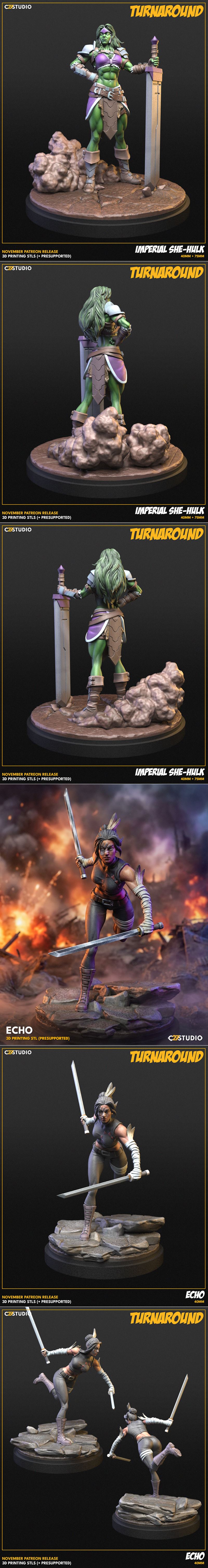 Collage of 3D printable comic book characters including She-Hulk, Iron Man, Groot, Cyclops, and others, with text &qu...