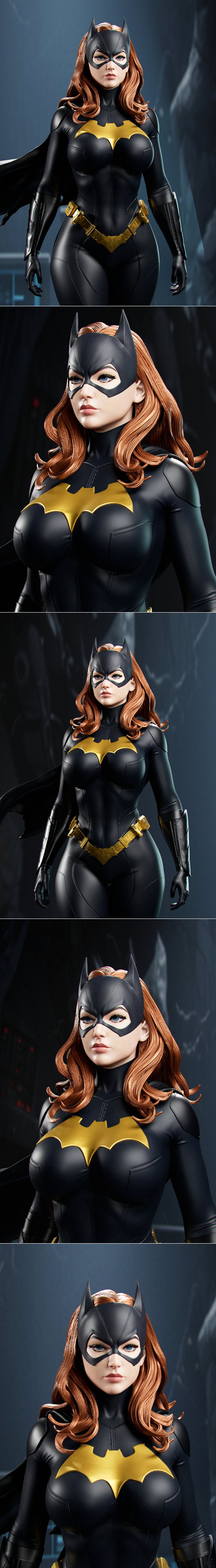 Batgirl in black and gold suit with cowl and cape, standing heroically. Detailed 3D model by Abe3D.