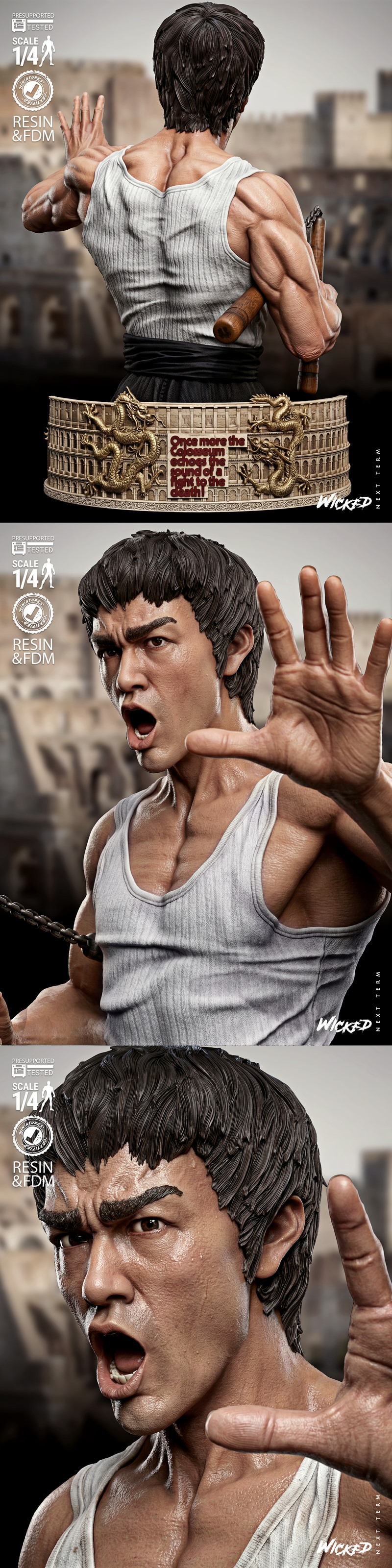Bruce Lee bust 3D model, 1:4 scale, wearing a white tank top and black pants, holding nunchucks, with a fierce expres...