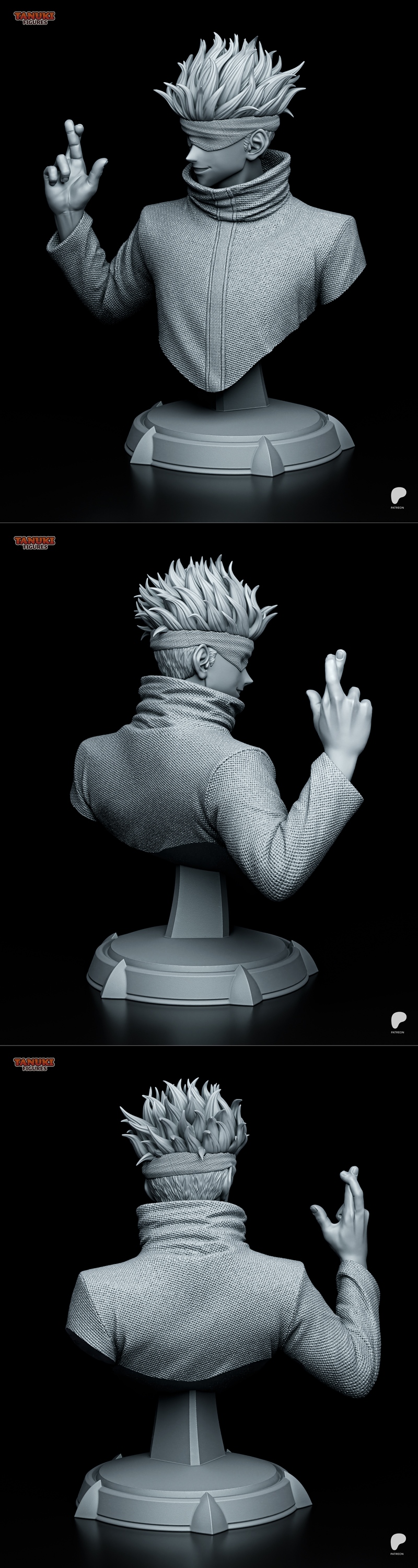 Bust of Satoru Gojo from Jujutsu Kaisen, wearing a blindfold and textured jacket, hand raised with fingers crossed, o...