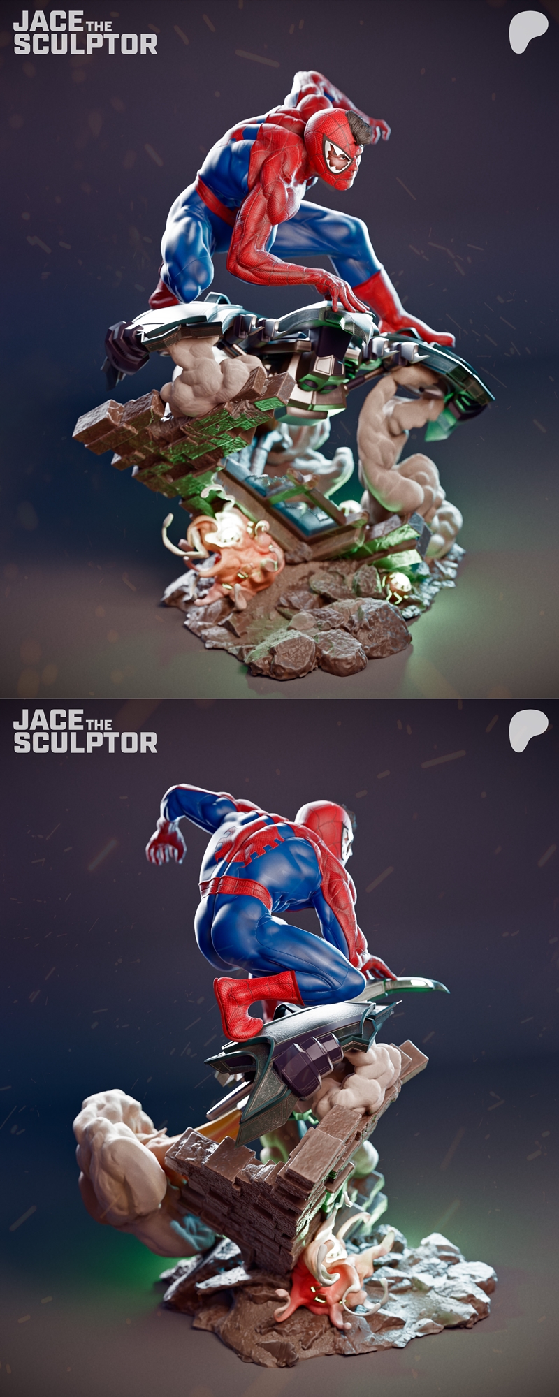 Spiderman figure in red and blue suit, crouched on a metallic platform with a detailed rocky base. Studio logo 'Jace...