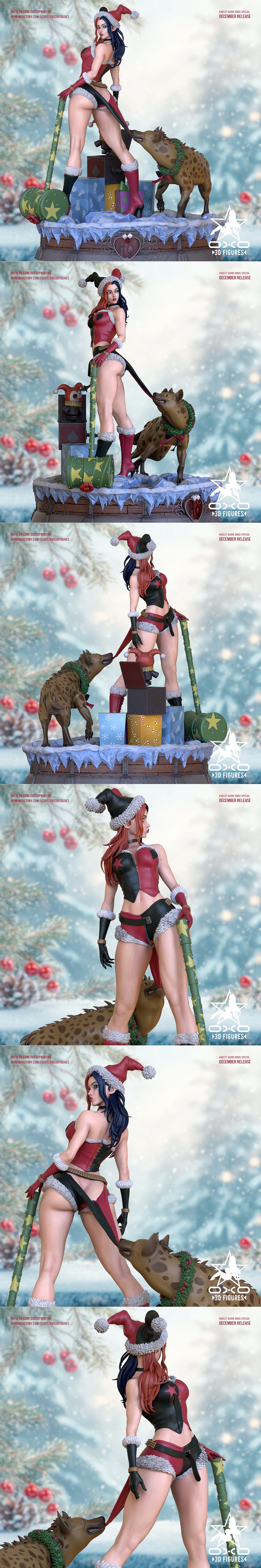 Harley Quinn in a Christmas outfit with fur trim and Santa hat, holding a mallet, with a hyena at her feet. 3D model...