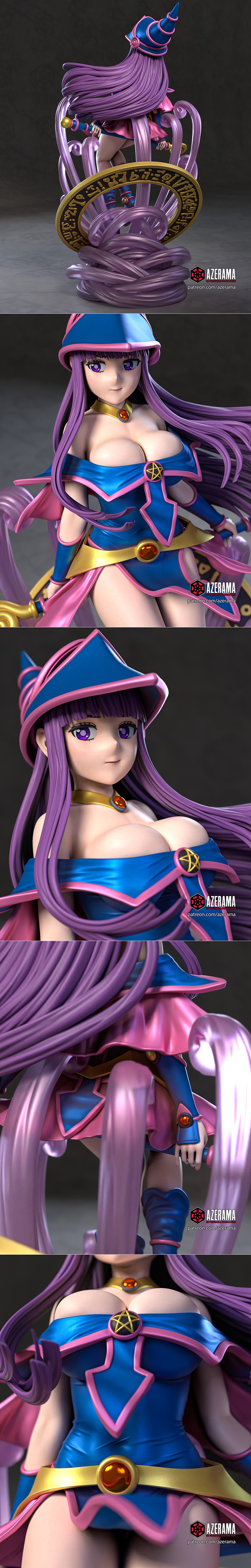 Azerama 3D model of Dark Magician Girl from Yu-Gi-Oh! seated on a swirling magical base, wearing blue and pink outfit...