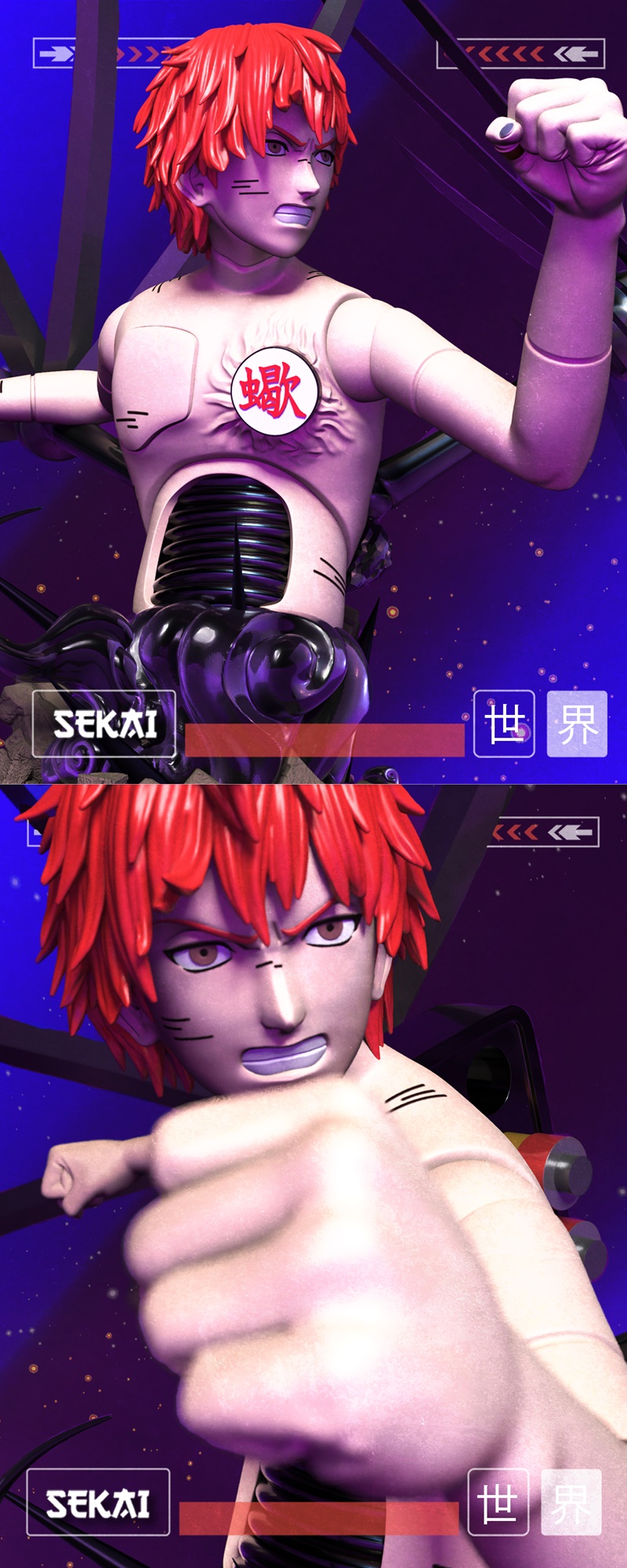 3D printable bust of Sasori from Naruto, with red hair, mechanical body parts, and a scorpion tail, posed dynamically.