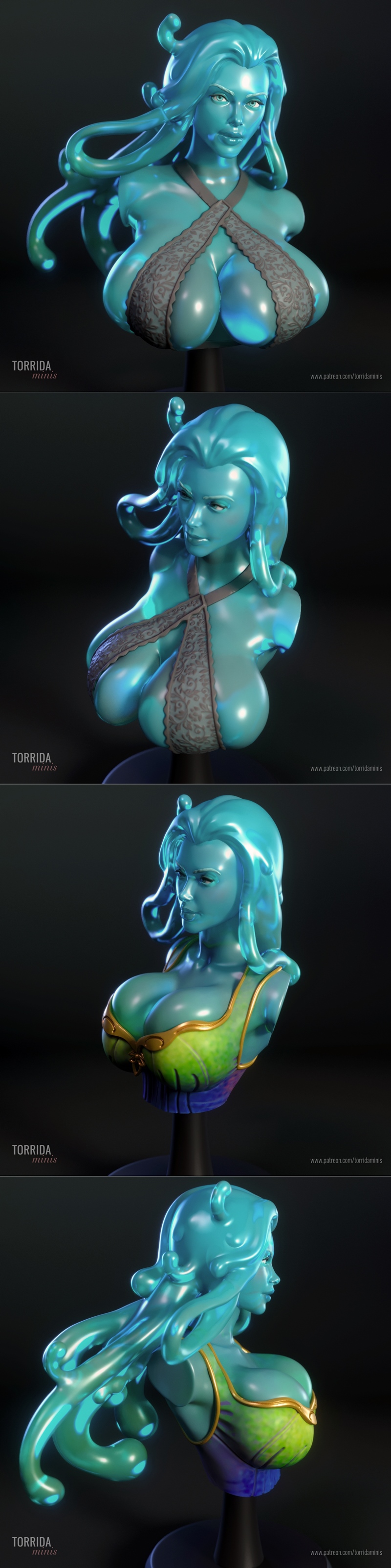Bust of Lyra Flow, a teal-skinned female character with flowing blue hair and a revealing green and gold outfit, desi...