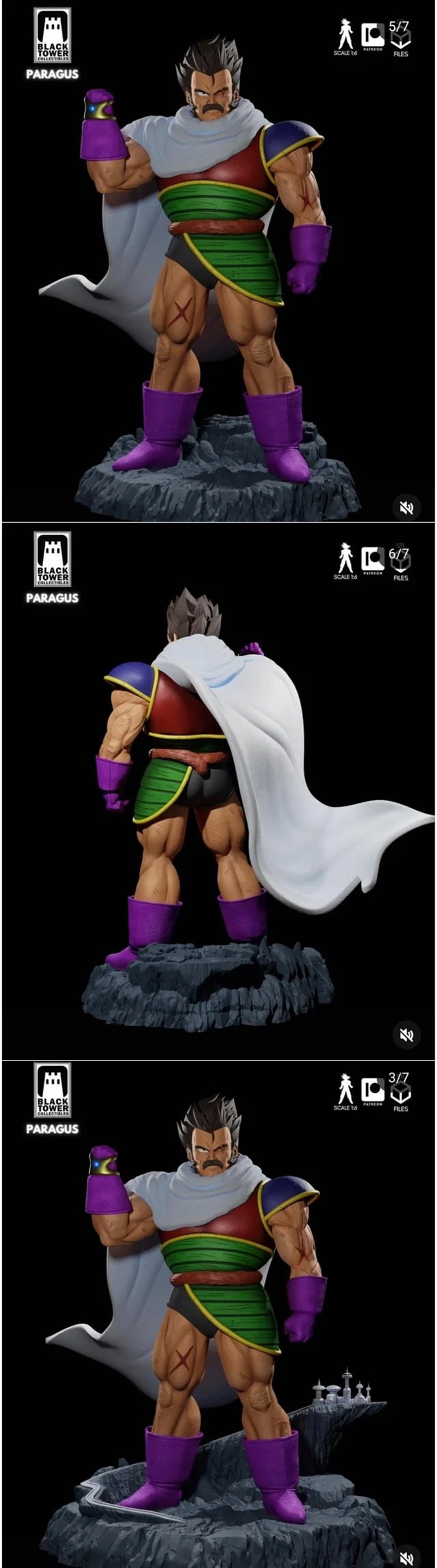 3D model of Paragus from Dragon Ball, a muscular Saiyan with a mustache, wearing purple gloves, armor, and a white ca...