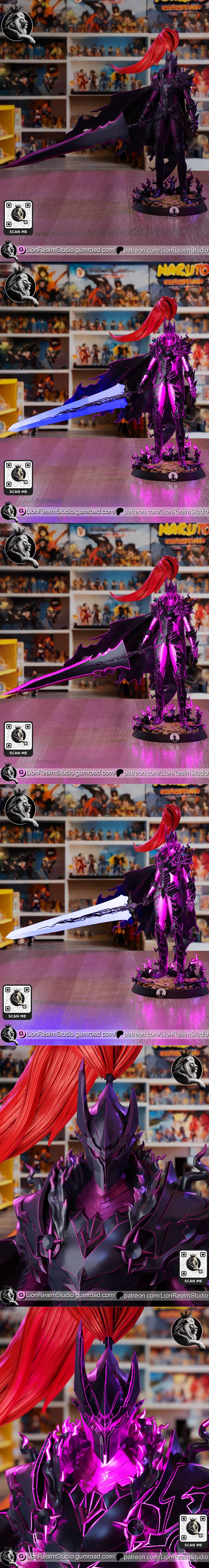 Igris, the Shadow Soldier from Solo Leveling, depicted as a 3D printable figure. He wears dark, ornate armor, a tatte...