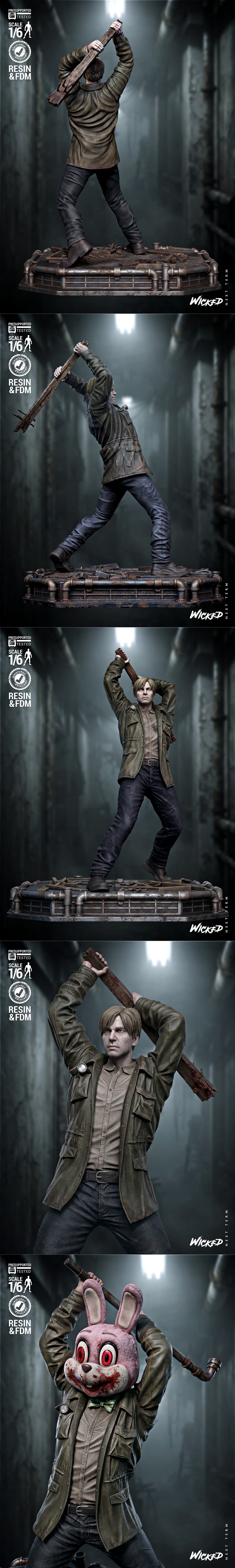 James Sunderland from Silent Hill, 1:6 scale figure, holding a wooden plank weapon overhead. He wears a green leather...