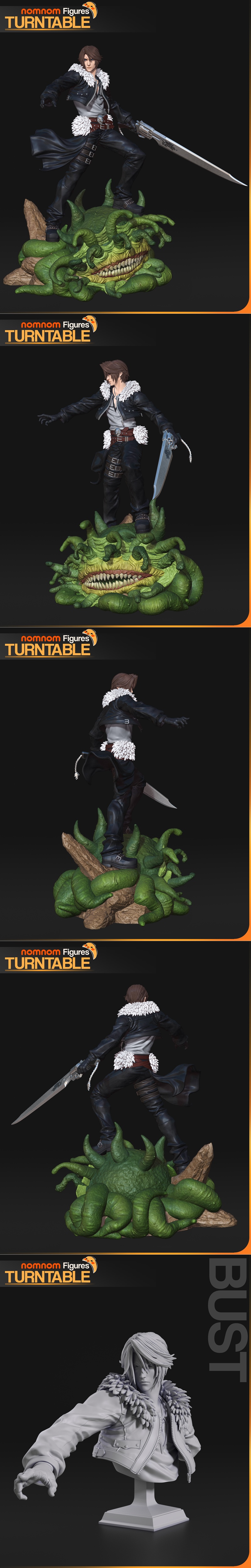 Squall Leonhart from Final Fantasy VIII, a 3D model by Nomnom Figures. He wears a black leather jacket with a white f...