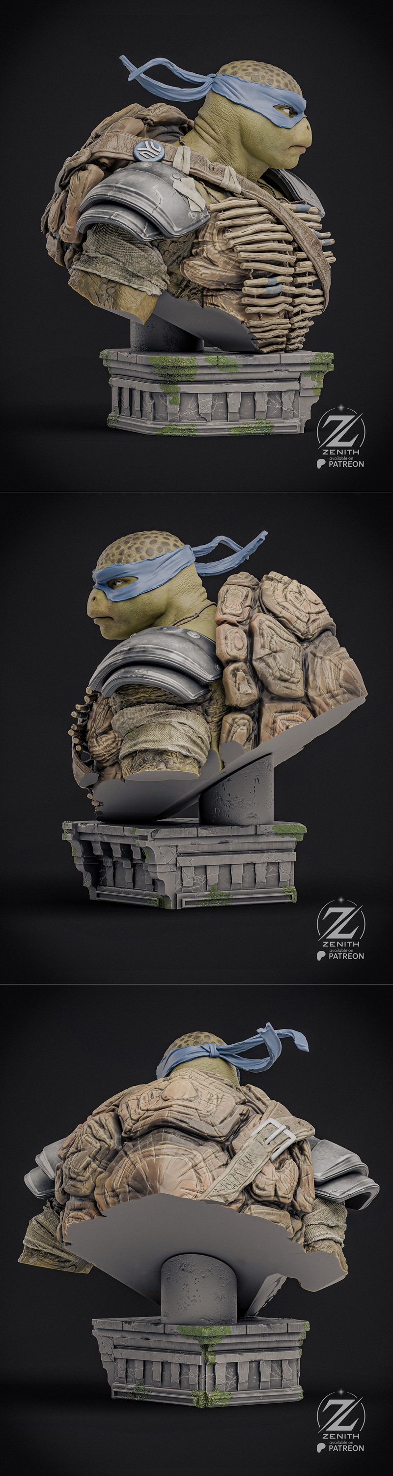 Zenith Studios Leonardo bust, a 3D model of the Teenage Mutant Ninja Turtle leader wearing a blue bandana and armor,...