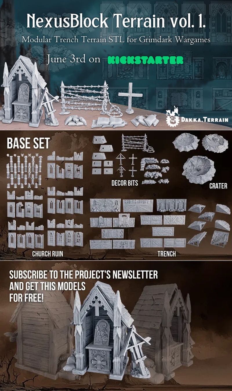 Modular gothic ruins and trench terrain pieces with sandbags, lit from within by orange light. Dakka.Terrain logo and...