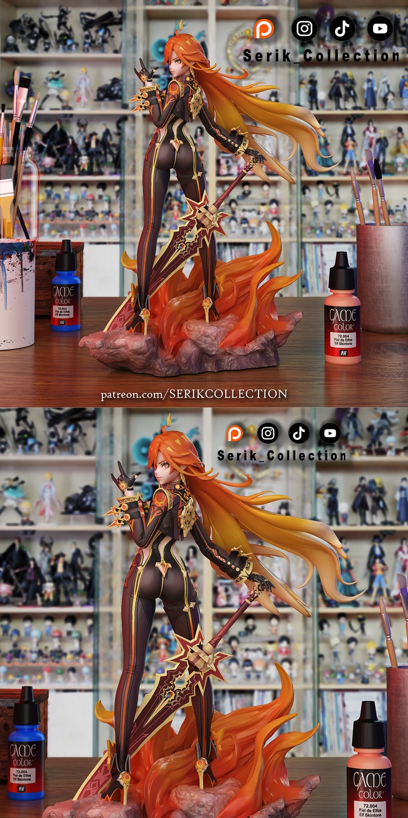 Mavuika 3D model from Serik Collection, inspired by Genshin Impact. Figure wears a dark, revealing outfit with gold t...