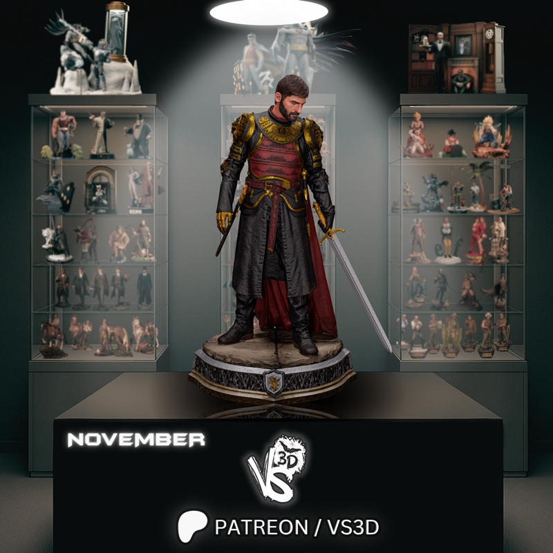 VS3D 3D model of Jamie Lannister from Game of Thrones, wearing ornate red and gold armor, holding a sword, standing o...