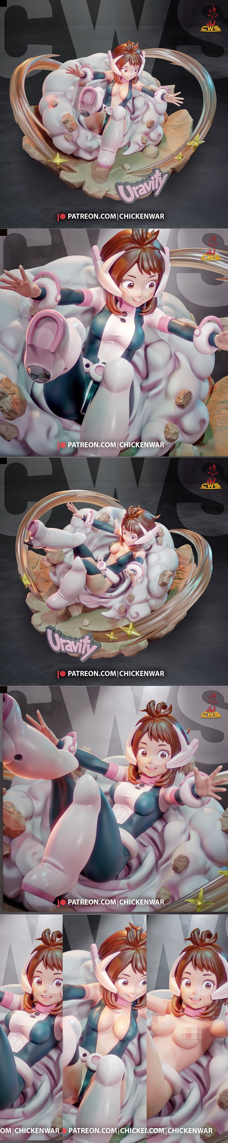 Ochaco Uraraka in a dynamic, floating pose, wearing her hero costume, surrounded by clouds and debris. CW Studio's 3D...