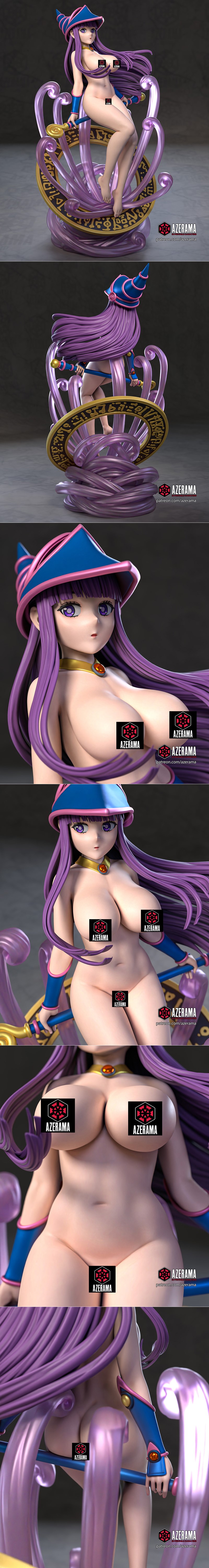 Azerama 3D model of Dark Magician Girl from Yu-Gi-Oh! seated on a swirling magical base, wearing blue and pink outfit...