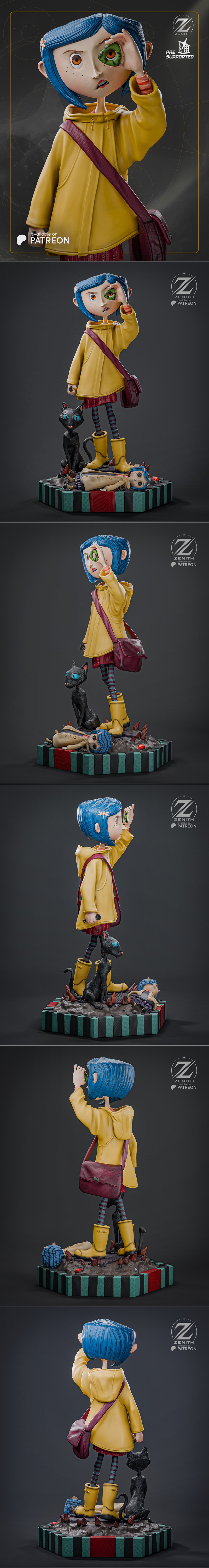 Coraline figure by Zenith Studios, wearing a yellow raincoat and holding a button eye to her face, with a large moon...