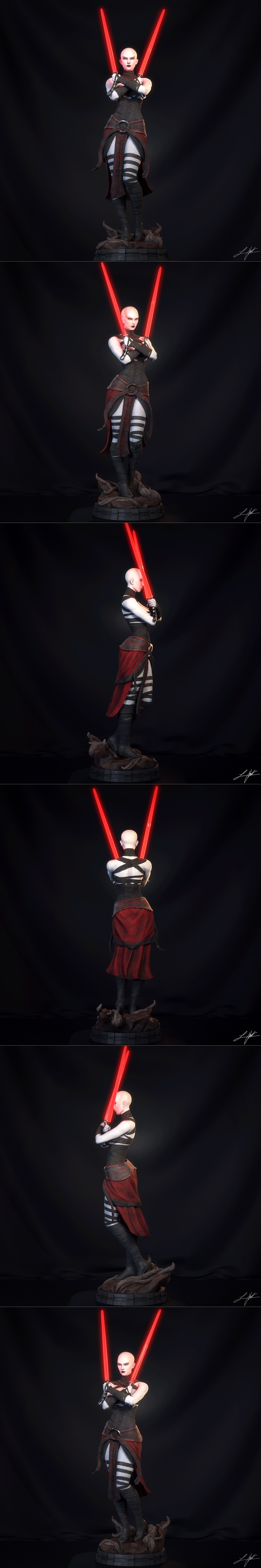 Asajj Ventress figure with two red lightsabers, bald head, dark outfit with red trim, striped leg wraps, posed with c...