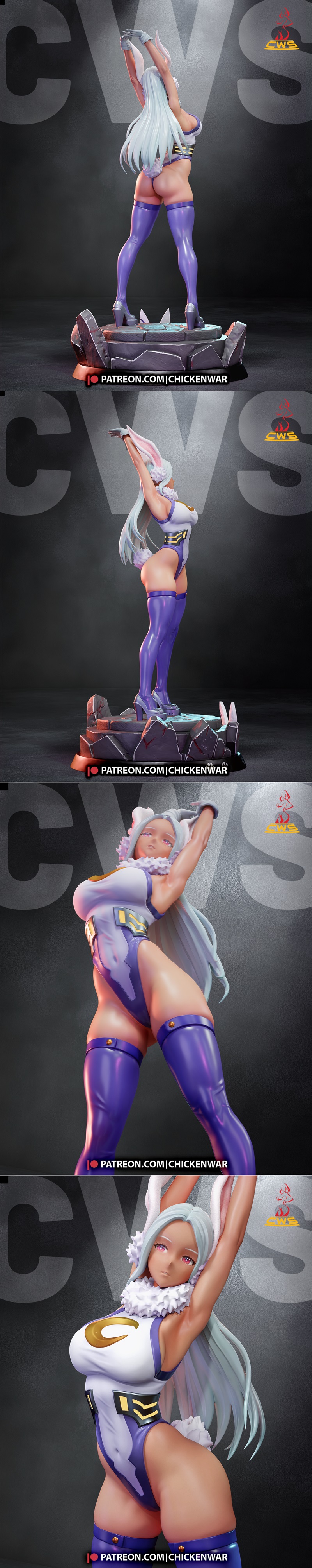 CW Studio 3D model of Mirko from My Hero Academia in a revealing hero costume, striking a dynamic pose on a rubble ba...