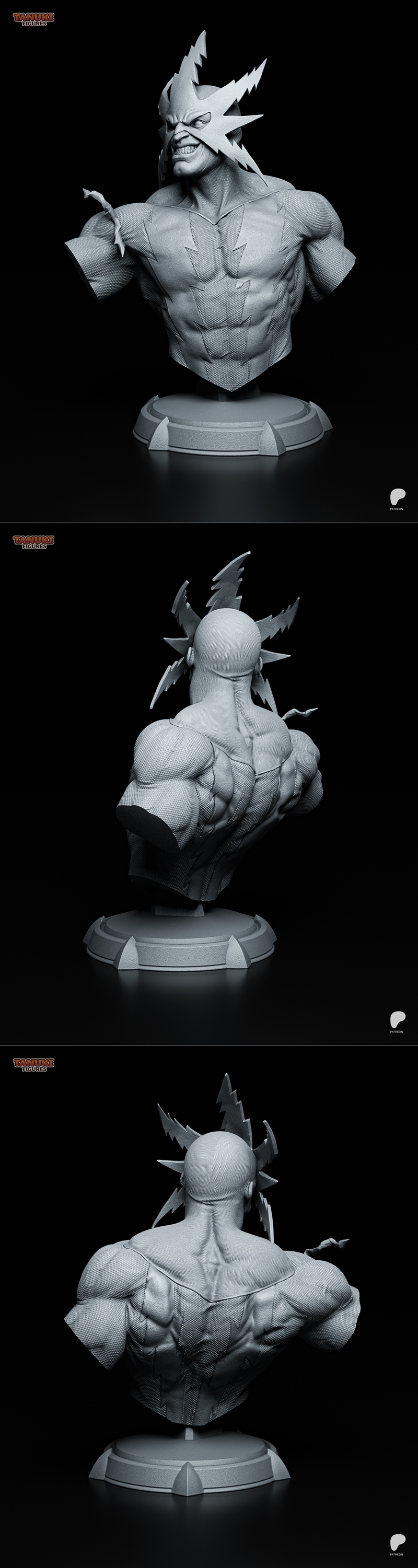 3D printable bust of Electro from Spider-Man comics, featuring a lightning-bolt mask and costume, by Tanuki Figures.