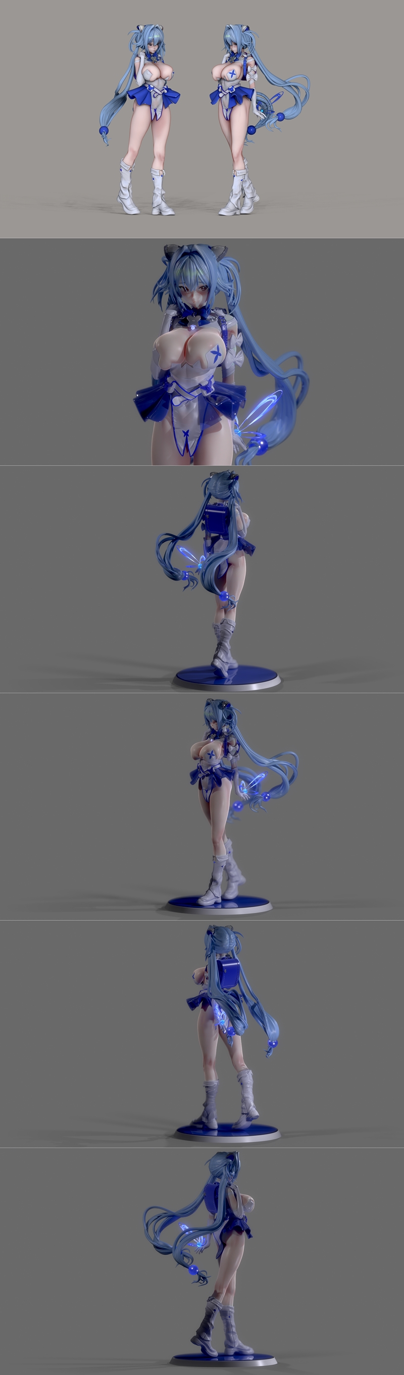 Gretel from Goddess of Victory Nikke 3D model, front and side views. Blue hair, cat ears, white and blue revealing ou...
