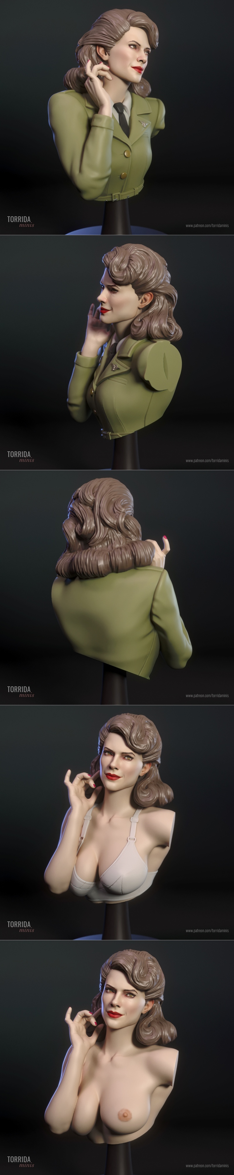 Torrida Minis 3D printable bust of Peggy Carter from Captain America, wearing a green military jacket and tie, with a...