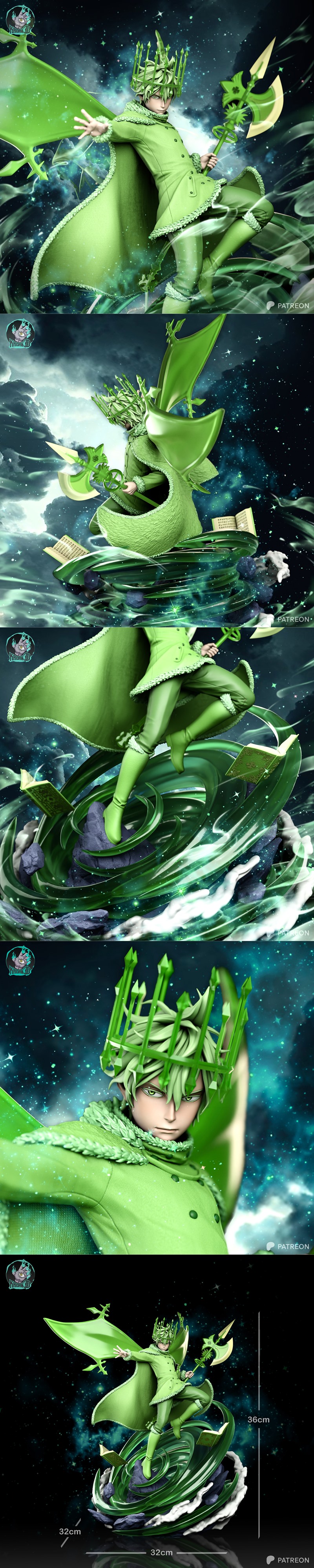 Yuno from Black Clover anime, wearing a green outfit, crown, and cape, holding an axe, posed heroically on a swirling...