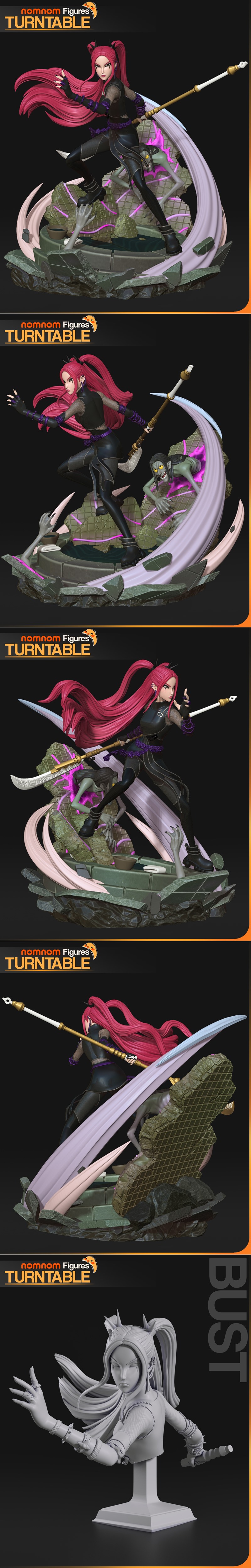 Nomnom Figures 3D model of Mira, a K-pop demon hunter with pink and blonde hair, holding a scythe and posing aggressi...