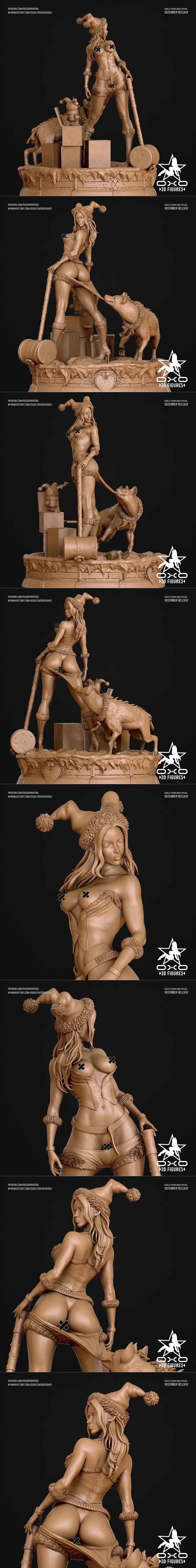 Harley Quinn 3D model in a Christmas outfit, pulling down her shorts, with a dog licking her leg. Features jester hat...