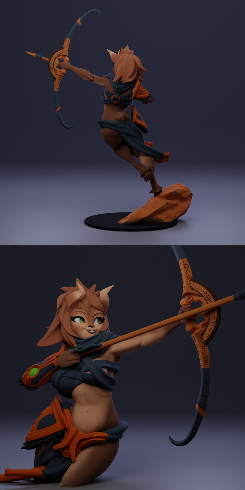 Lyrissa The Stormborne Faun 3D model figure, a faun archer with brown fur, green eyes, drawing a bow and arrow, weari...