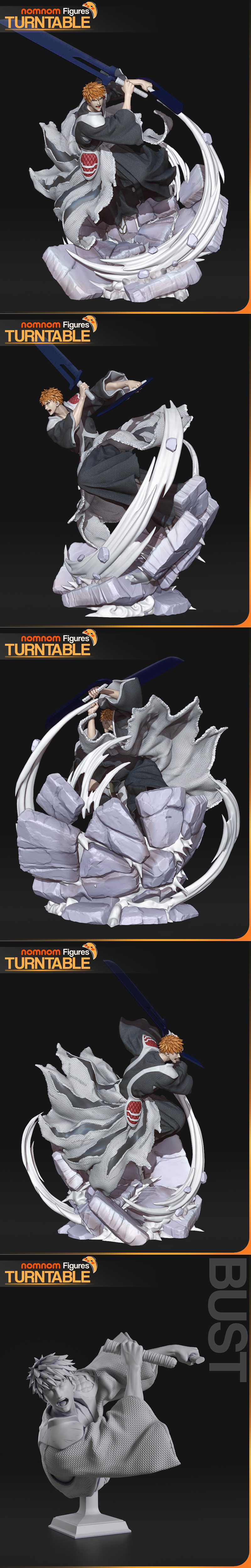 Ichigo Kurosaki from Bleach in a dynamic pose, wielding a large blue sword. He wears black robes with a textured grey...