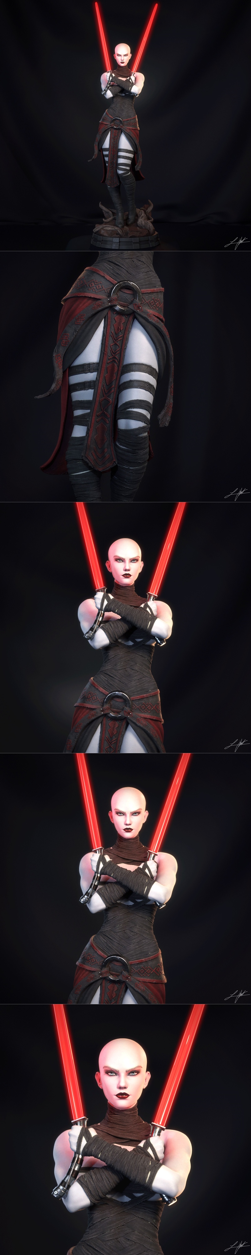 Asajj Ventress figure with two red lightsabers, bald head, dark outfit with red trim, striped leg wraps, posed with c...