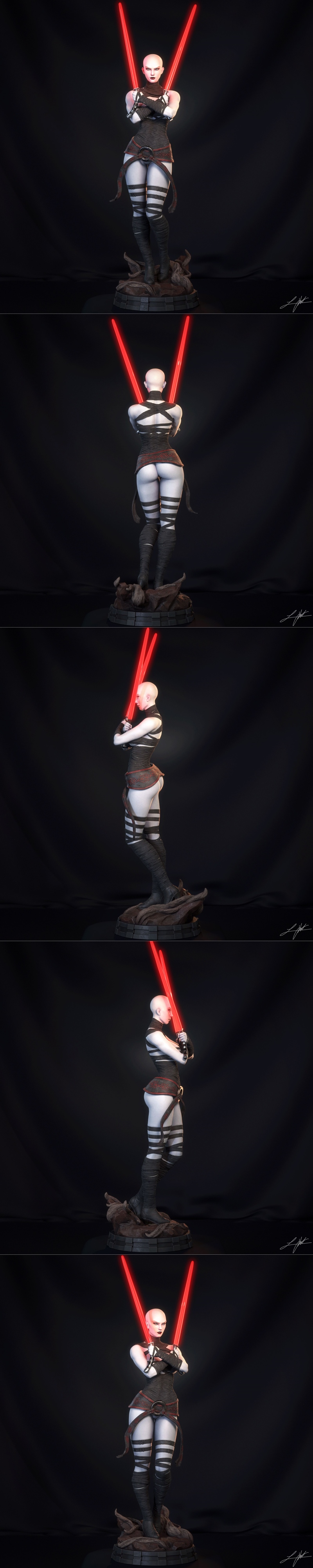 Asajj Ventress figure with two red lightsabers, bald head, dark outfit with red trim, striped leg wraps, posed with c...
