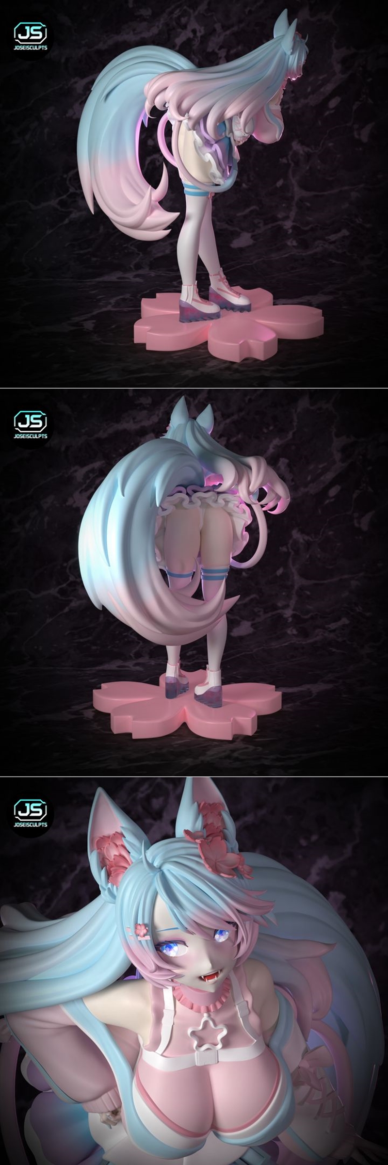 Stylized anime figure of Silvervale with fox ears, pastel blue and pink hair, wearing a revealing outfit and standing...