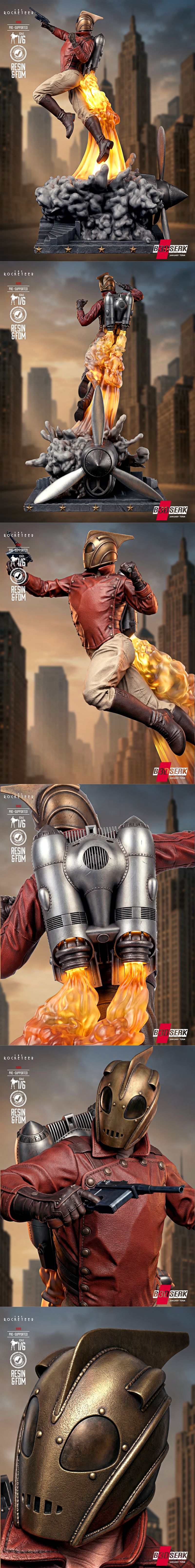 The Rocketeer 3D model in mid-flight, wearing a red jacket, khaki pants, and a golden helmet, with a jetpack emitting...