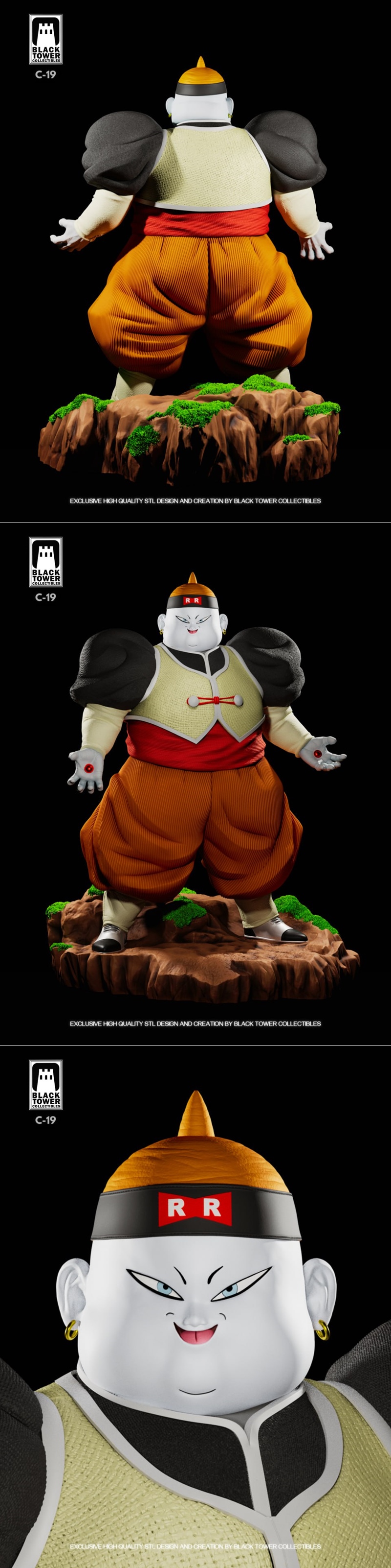 1:6 scale 3D print model of Android 19 from Dragon Ball, wearing orange pants and a yellow vest, with a red ribbon on...