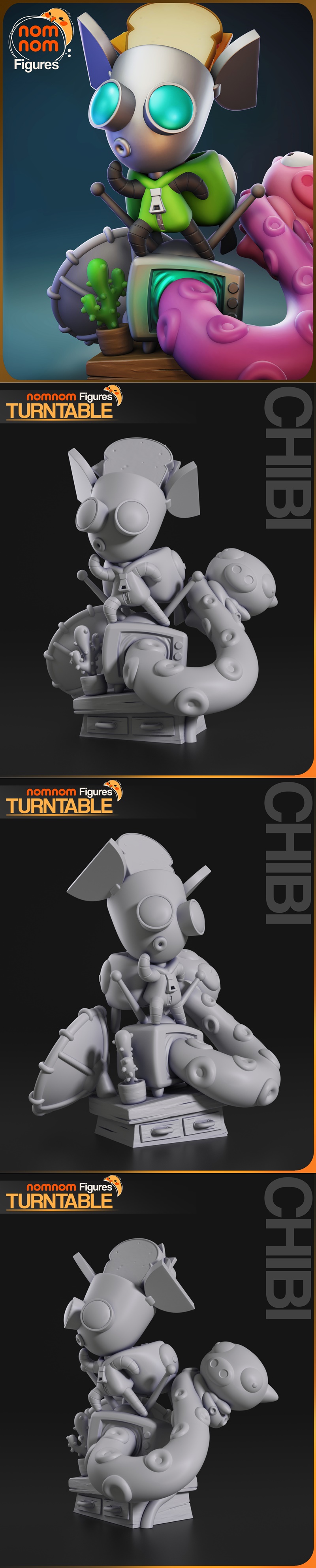 Chibi GIR from Invader Zim 3D model, standing on a TV with a pink tentacle and a sandwich on its head.