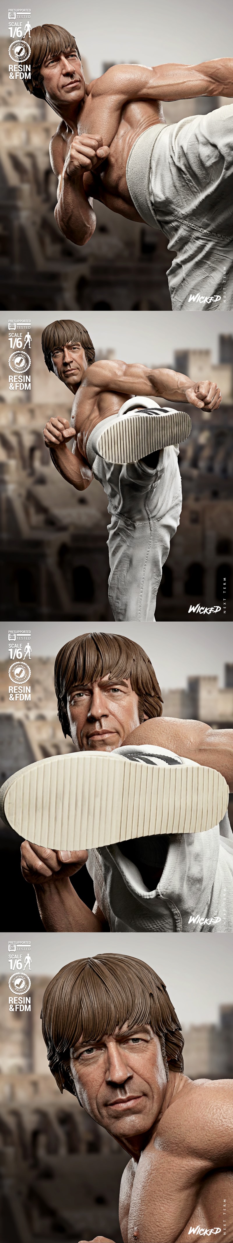 Chuck Norris in a martial arts kick pose, wearing white pants and sneakers, on a base with "The Way of the Drago...