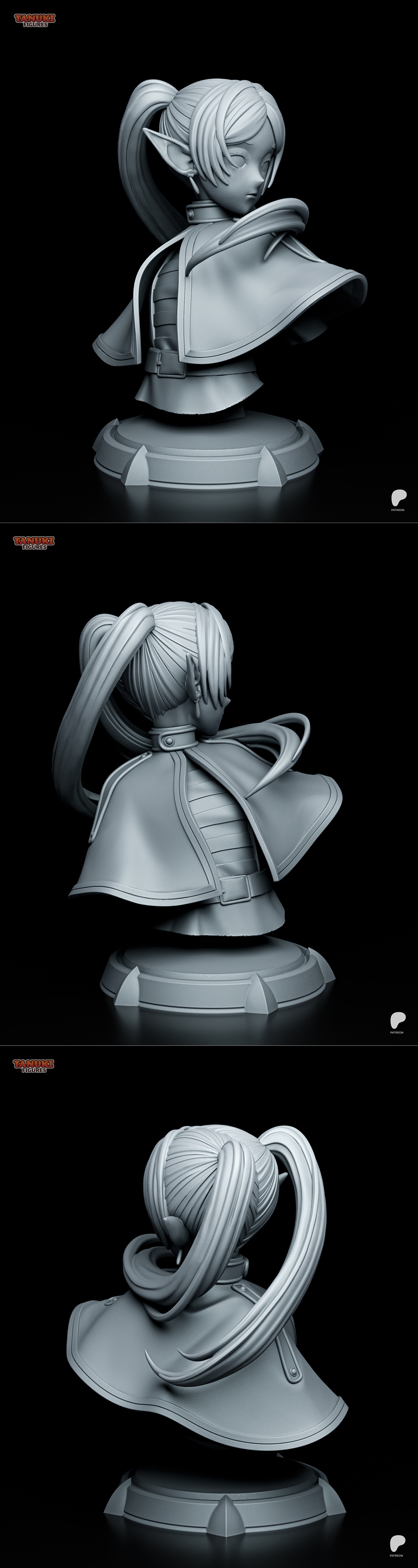 3D model bust of Frieren from Frieren: Beyond Journey's End, featuring elven ears, a ponytail, and a serene expressio...