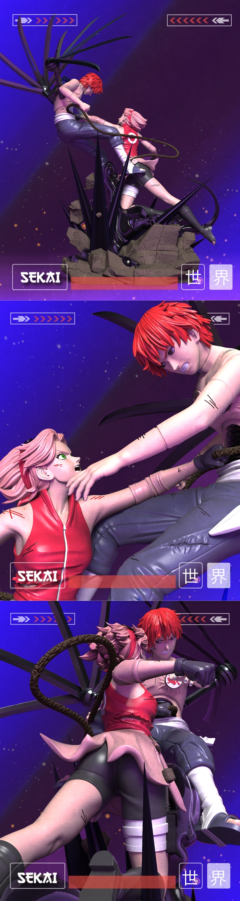 3D model of Sakura Haruno fighting Sasori from Naruto, dynamic action pose on a rocky, dark energy base.