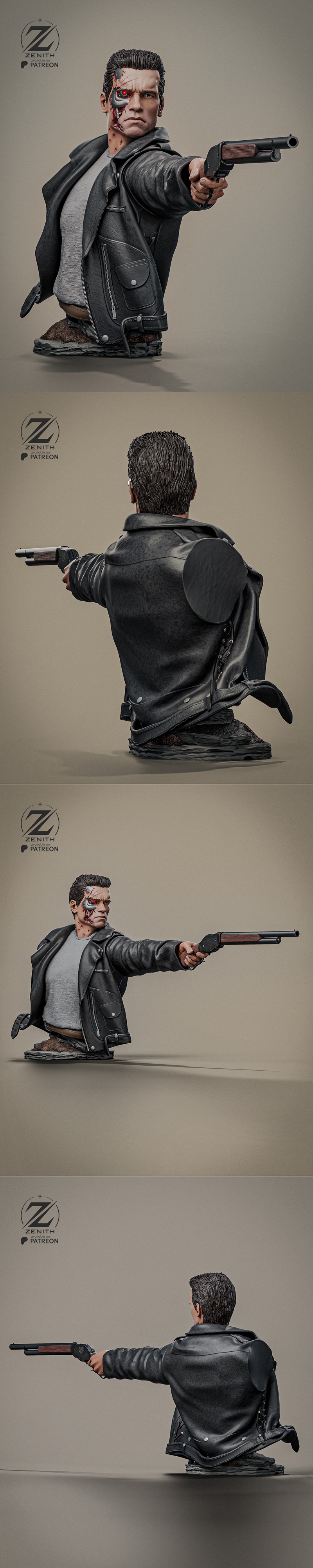 Bust of the T-800 from Terminator, wearing sunglasses and a black leather jacket, holding a shotgun. Zenith Studios 3...