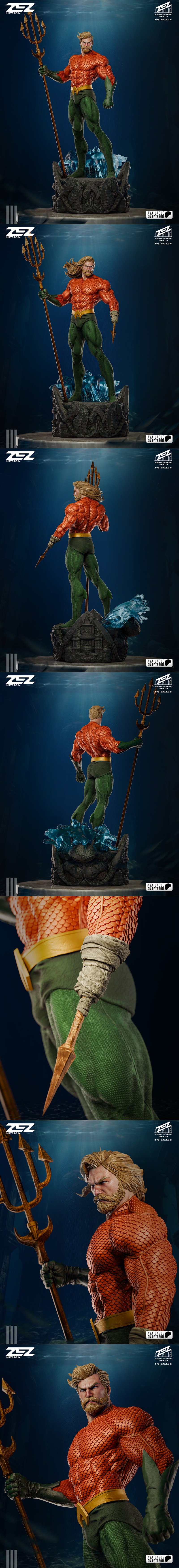 ZEZ Studio 1:6 scale Aquaman figure holding a trident, standing on a rocky base with underwater effects. He wears ora...