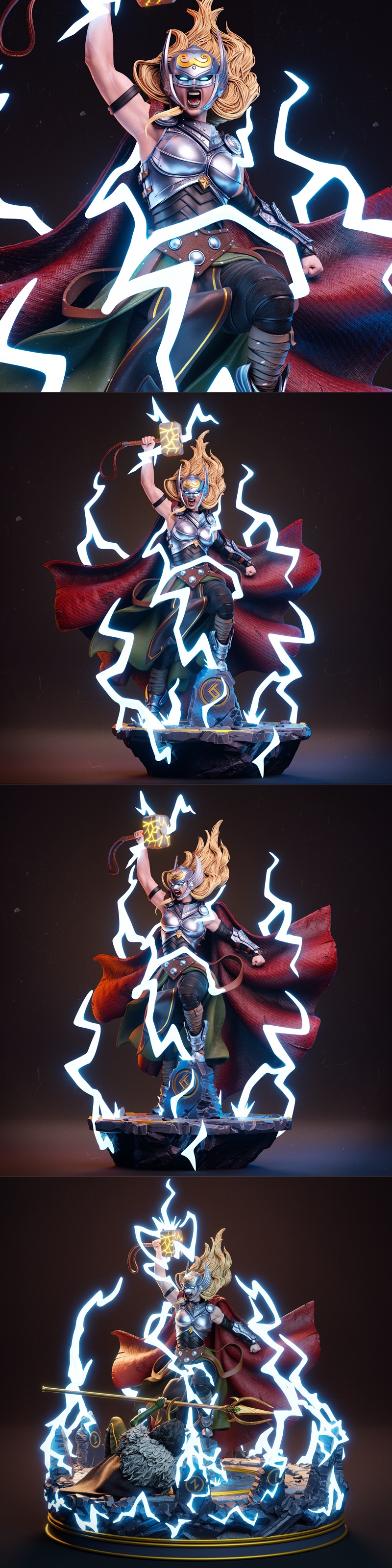 Lady Thor in silver armor and red cape wielding a lightning-infused hammer, standing over a fallen Loki on a rocky ba...