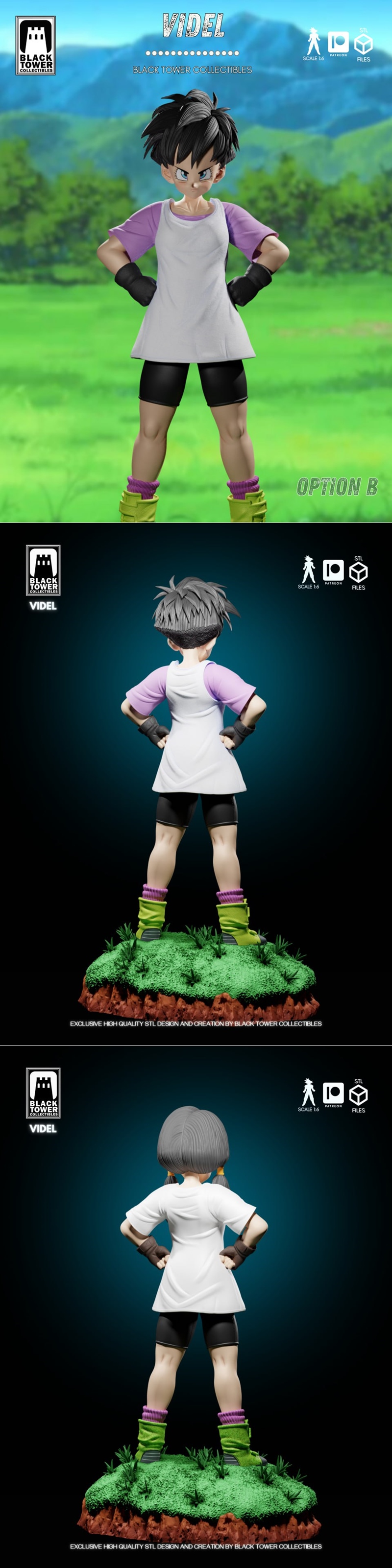 3D model of Videl from Dragon Ball in a combat stance, wearing a white t-shirt, black shorts, brown gloves, and green...