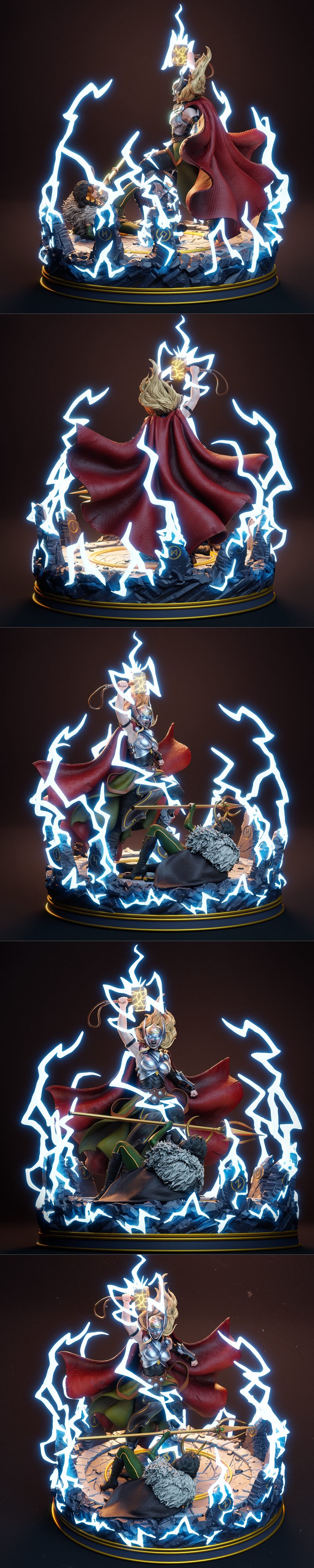 Lady Thor in silver armor and red cape wielding a lightning-infused hammer, standing over a fallen Loki on a rocky ba...