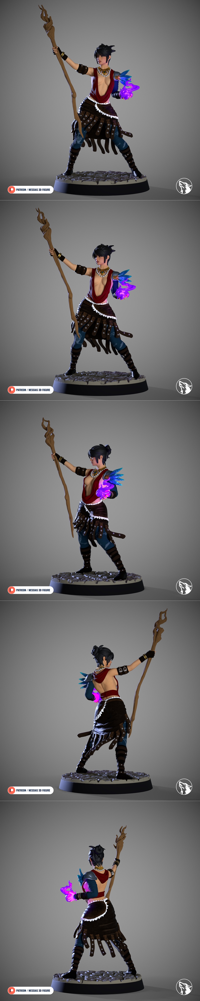 Fantasy sorceress Morrigan 3D model by Messias, holding a staff and casting purple magic, wearing a red top and layer...