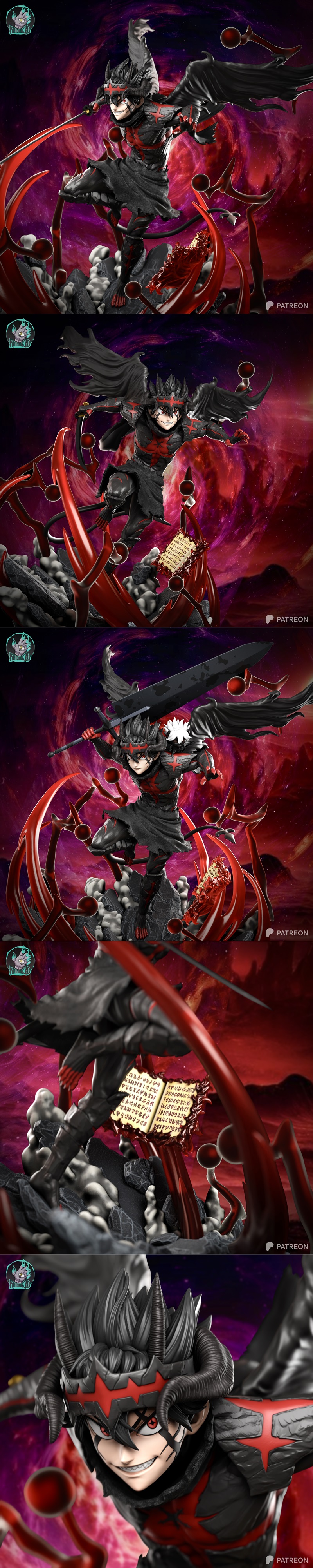Asta True Devil Union 3D model figure in dynamic combat pose, black wings spread, red and black armor, wielding a swo...