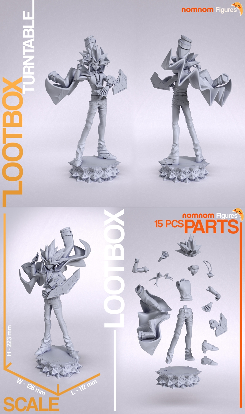 Yugi Muto figure from Yu-Gi-Oh! by Nomnom Figures, holding duel disk and cards, dynamic pose, spiky hair, anime style.