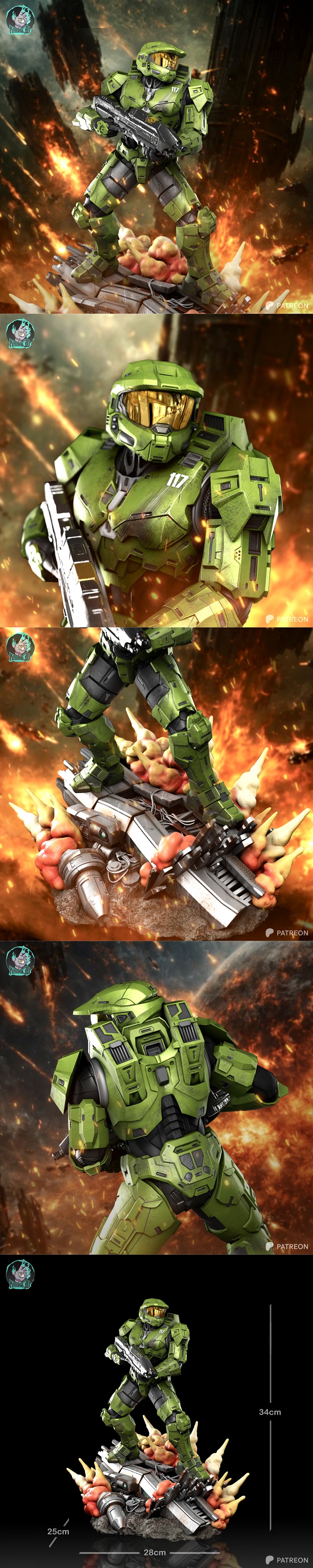 Master Chief in green Mjolnir armor holding a rifle, with a golden visor, set against a background of fire and explos...