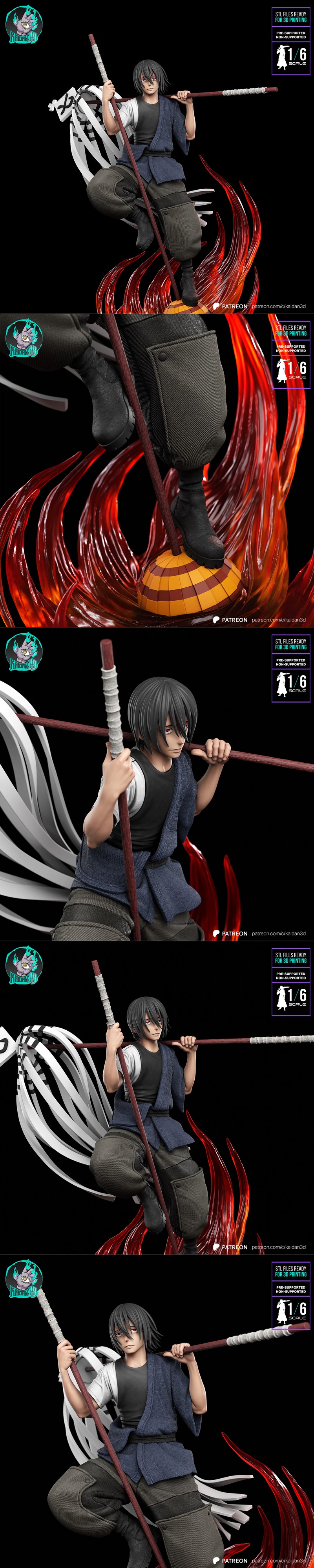 Benimaru Shinmon 1:6 scale 3D model figure, holding a staff, wearing a blue haori over a white shirt, with fiery effe...